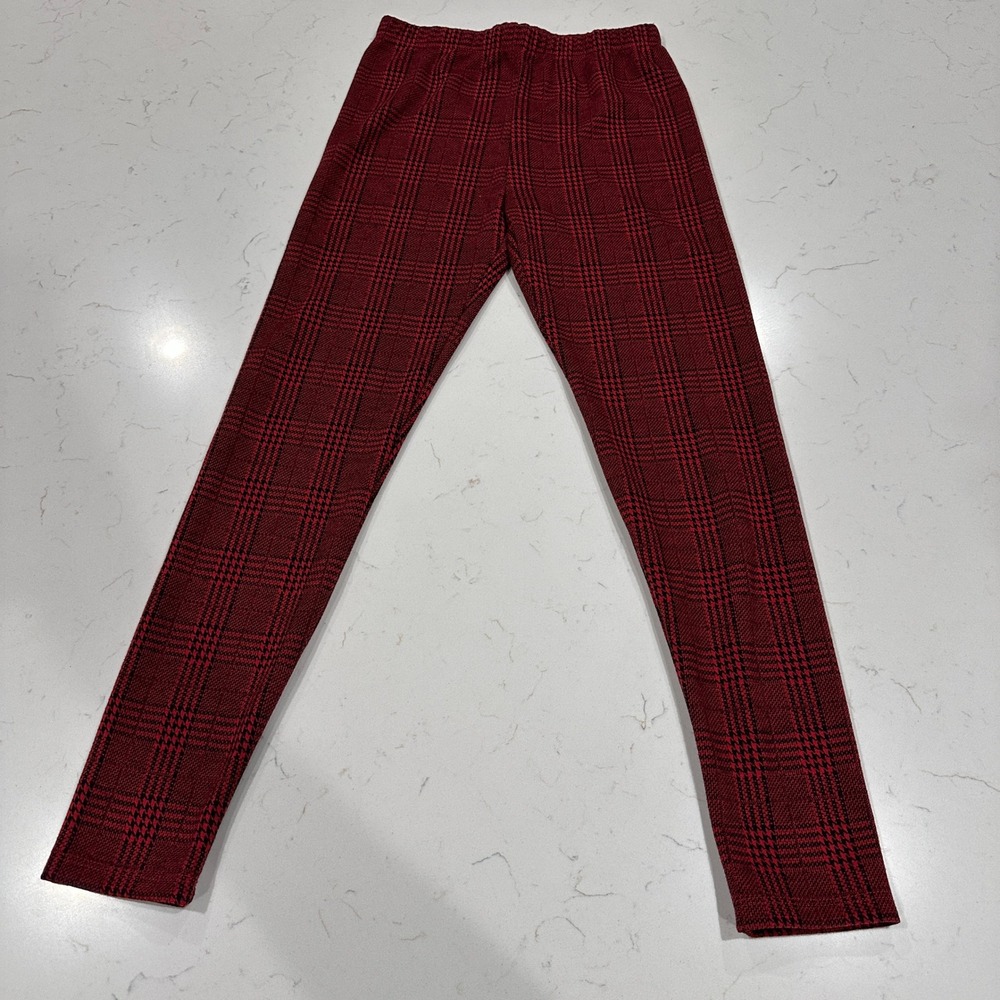Art Class Girls Red Black Plaid Leggings Size M 7/8 Glen Check Stretch Pants
